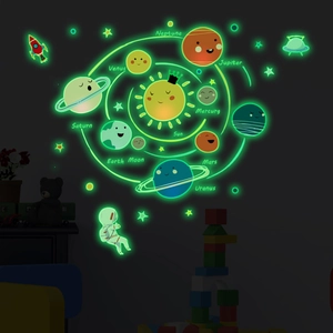 Luminous solar system wall stickers glowing in a dark bedroom with planets and stars