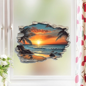 3D beach sunset window wall sticker with tropical palms and ocean waves for home decor