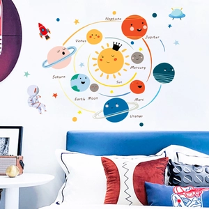 Luminous solar system wall decals featuring planets and astronauts for kids room decoration