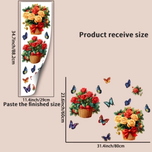 Detail showing wall sticker layout dimensions with floral basket and butterfly motifs
