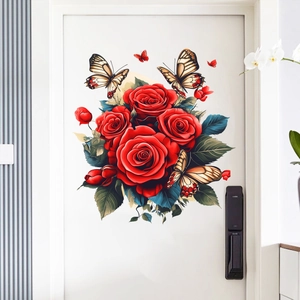 Romantic red rose and butterfly wall stickers for home living room door decoration