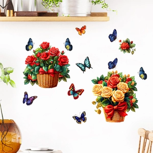 Valentine's Day Rose Flower Basket Butterfly Wall Sticker PVC Waterproof Decal For Living Room Bedroom Home Decoration