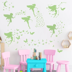 Glow in the dark wall stickers featuring fairies, stars, and moon for kids' bedroom