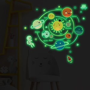 Glow in the dark solar system wall stickers showing luminous planets and stars in a child's room