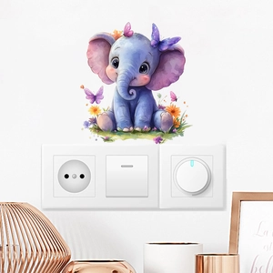 Watercolor elephant wall sticker with butterflies and flowers for light switch decor