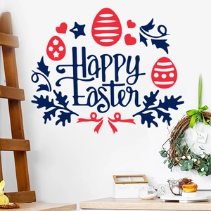 Oster-Wandaufkleber mit Happy Easter Schriftzug und bunten Eiern in Wohnumgebung