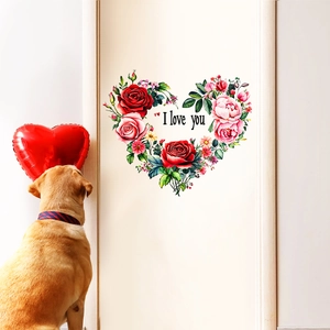 Romantic heart-shaped floral wall sticker with I Love You text for home decor