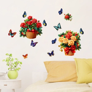 Floral wall stickers with rose baskets and colorful butterflies for home living room decor