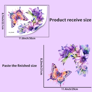 Detailed view of DIY luminous butterfly and flower wall stickers with dimension specifications