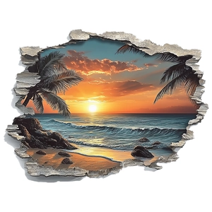 3D beach sunset wall sticker with sea waves and palm trees window view for room decor