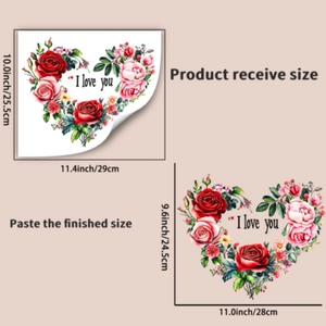 Detail showing watercolor floral heart wall sticker with I love you text and size dimensions