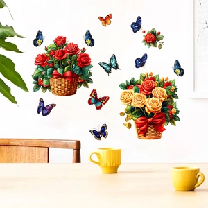 Floral wall stickers featuring rose baskets and butterflies for home living room decor