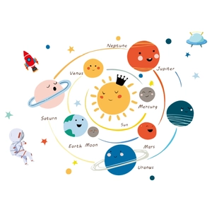 Glow-in-the-dark solar system wall stickers with cute planets and astronaut for kids' room