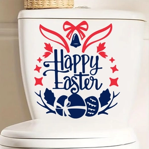 Makroansicht der wasserfesten Happy Easter PVC-Aufkleber auf einem weißen Badezimmertank