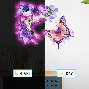 Detailed comparison of luminous butterfly and flower wall decal in day and night effects