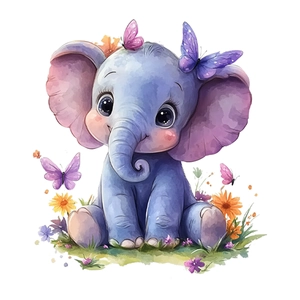 Cute watercolor elephant wall sticker for room decoration with flowers and butterflies
