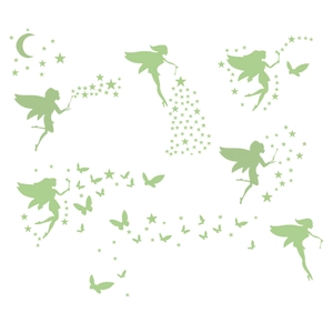 Luminous wall stickers set featuring green glowing fairies, moon, and stars for kids' rooms