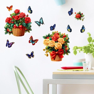 3D floral wall stickers with rose flower baskets and butterflies for home decoration