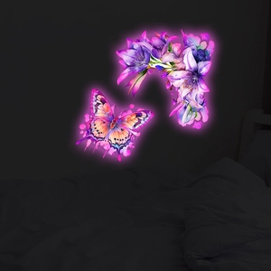 Luminous wall sticker featuring vibrant watercolor butterfly and purple lilies for home decor