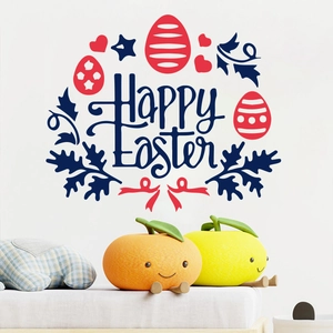 Detail von Happy Easter Wandaufklebern mit dunkelblauen Eiern und Sternen auf weißer Wand