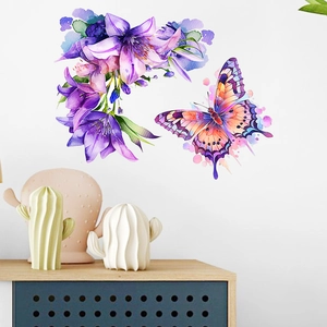 Luminous watercolor butterfly and purple lily wall stickers for home wall decoration