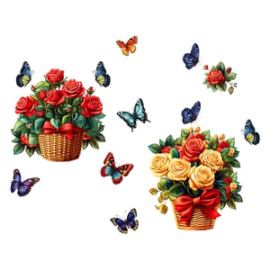 Floral wall stickers set featuring red rose baskets and colorful butterflies for home decor