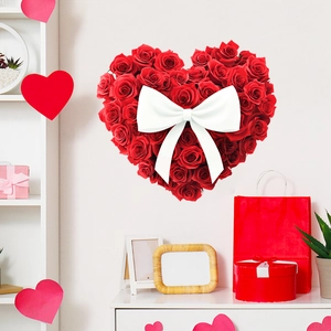 Romantic heart-shaped red rose wall sticker with a large white bow for Valentines decor