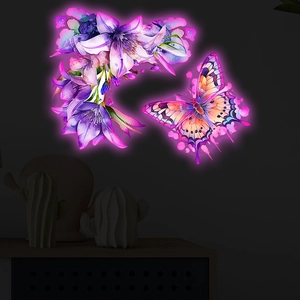 Luminous wall sticker showing glowing purple lilies and a watercolor butterfly in detail