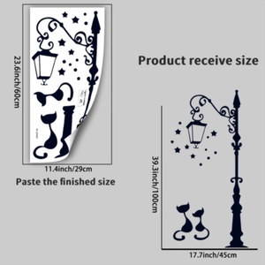 Detailed size chart showing cat wall decal dimensions and final layout measurements