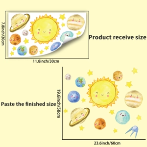 Luminous solar system wall stickers showing package size and finished decorative layout