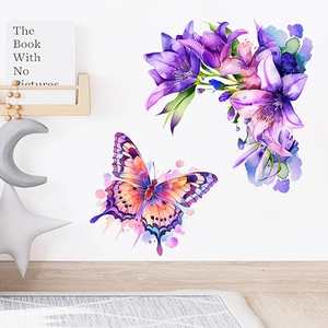 Luminous watercolor butterfly and purple lily wall stickers for home wall decoration