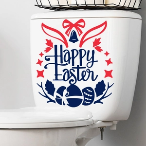 Detailansicht der Happy Easter Aufkleber mit roten Hasenohren auf dem Spülkasten