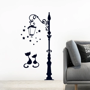 Creative Street Lamp Cat Star Silhouette Wall Sticker Removable PVC Decorative Mural For Living Room Bedroom Home Decor