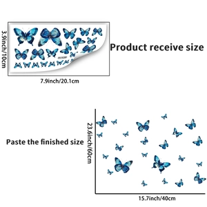 Stickers muraux papillons bleus lumineux avec dimensions détaillées pour décor de chambre