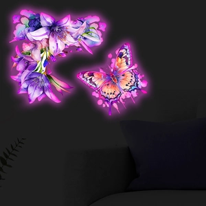 Glow-in-the-dark wall stickers with purple lilies and vibrant neon butterfly pattern