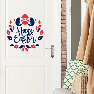 Detailansicht der Happy Easter Wandaufkleber mit roten Eiern und blauen Blättern an der Tür