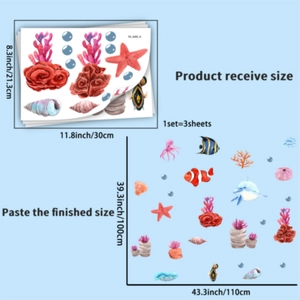 Detailed size specifications for ocean world wall stickers including various sea creatures