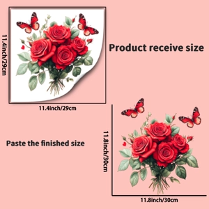Red rose and butterfly wall stickers showing both received and finished sizes