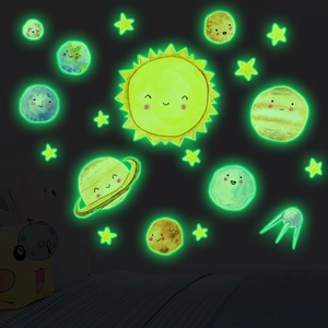 Luminous glow-in-the-dark solar system wall stickers with cute cartoon planets and stars
