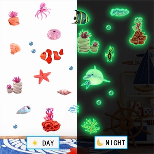 Luminous marine life wall decals showing day and night glowing effect in room
