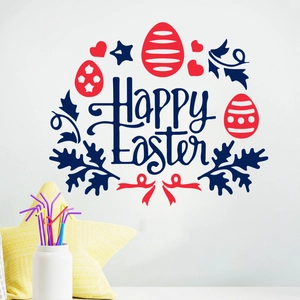 Detail von Happy Easter Wandtattoo mit roten Eiern und blauen Blättern auf weißem Grund
