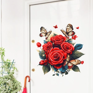Detail view of red rose and butterfly wall decals on a white door in a home setting