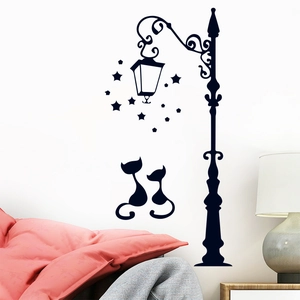Creative black street lamp and cat silhouette wall sticker for home room decor