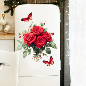 Romantic red rose bouquet wall stickers with butterflies for home kitchen decor