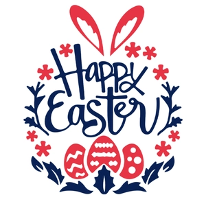 Detailliertes Frohe Ostern Sticker-Design mit roten Hasenohren und bunten Eiern