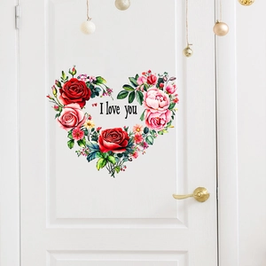 Romantic heart floral wall decal with I Love You text applied to a minimalist white door