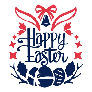 Detail von Frohe Ostern Wandaufkleber mit roten Hasenohren und blau gemusterten Eiern