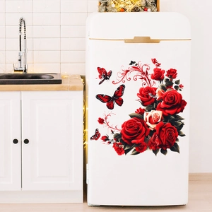 Romantic red rose and butterfly wall stickers for 3D refrigerator and furniture decor