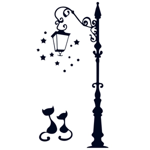 Street lamp with stars and two cats silhouette wall sticker for home room decor