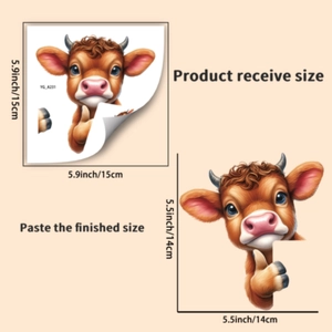 Size chart for glow-in-the-dark cartoon cow wall sticker with dimensions in inches and cm